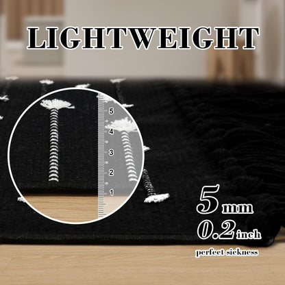 Small Black Boho Moroccan Bathroom Rug with Tassel.
