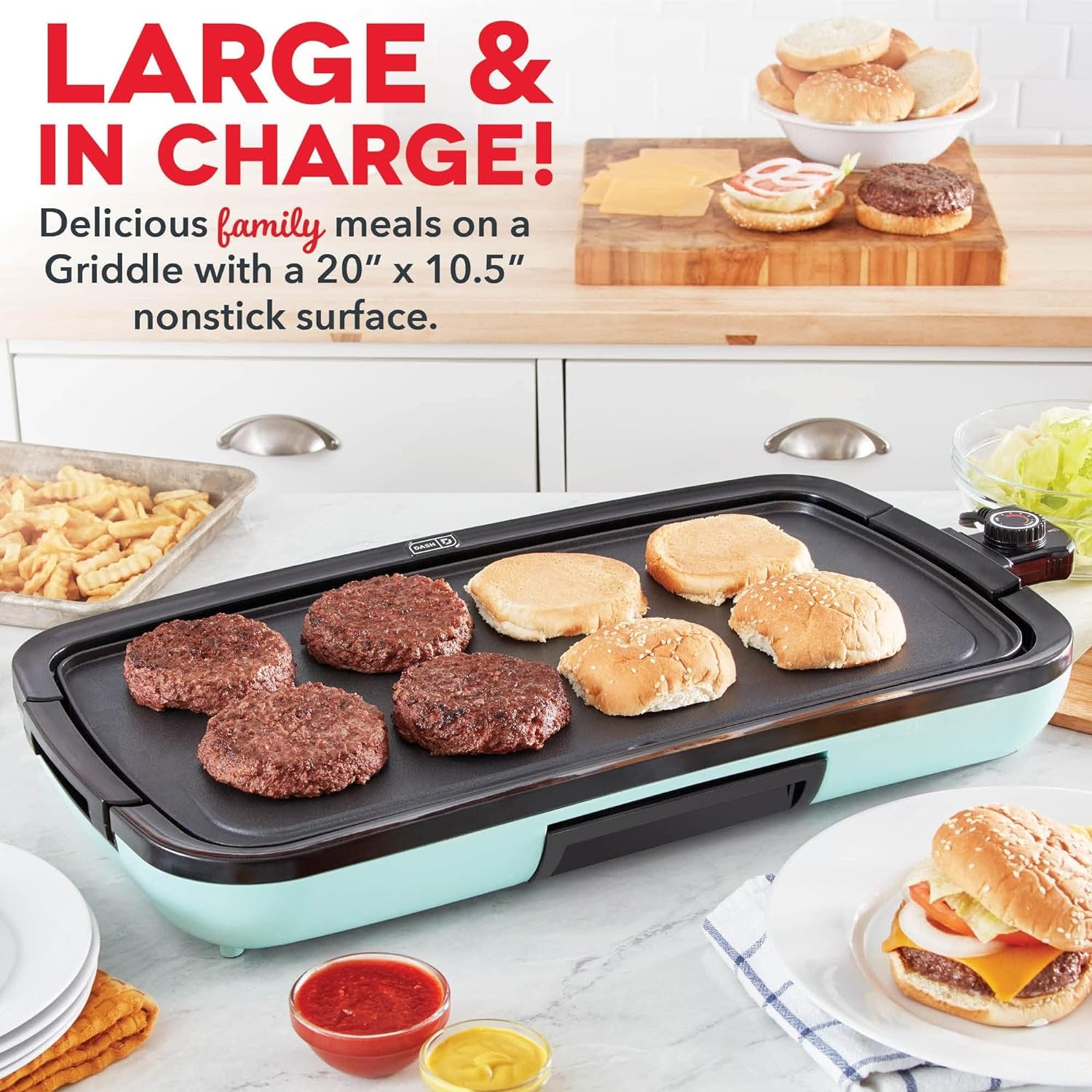 Deluxe Everyday Electric Griddle with Dishwasher Safe Removable Non-stick Cooking Plate for Pancakes, Burgers, Eggs and More, Includes Drip Tray + Recipe Book, 20” X 10.5”, 
