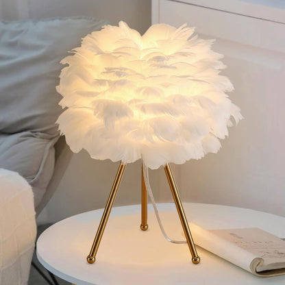 Soft Feather Tripod Table Lamp – Chic Gold Accent Light for Bedroom & Living Room (White/Pink, 15.3")