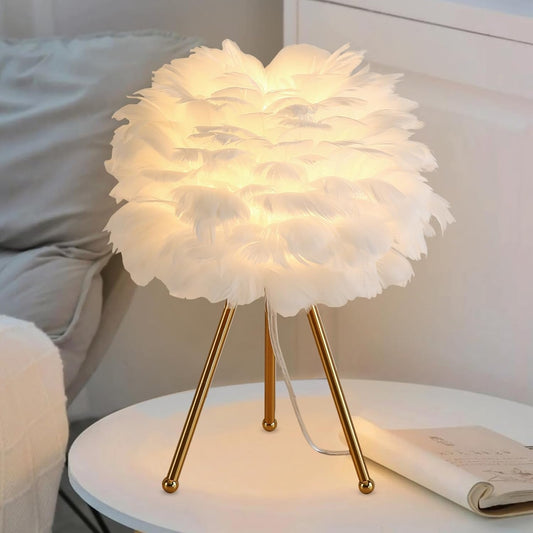 Soft Feather Tripod Table Lamp – Chic Gold Accent Light for Bedroom & Living Room (White/Pink, 15.3")