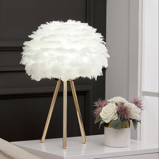 Feather Table Lamp with Gold Tripod Base – Aesthetic Lighting for Bedrooms & Living Rooms