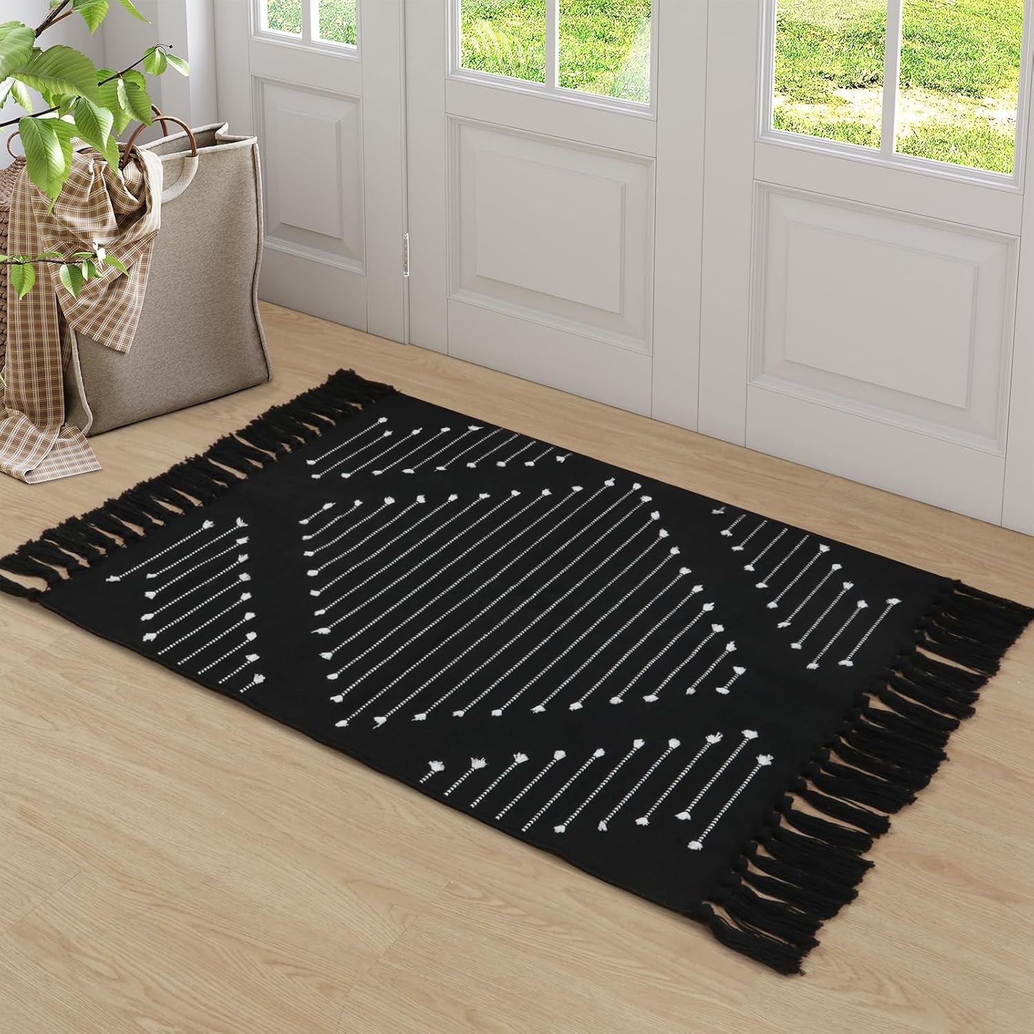 Small Black Boho Moroccan Bathroom Rug with Tassel.