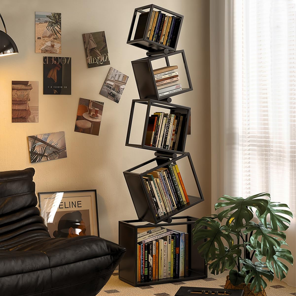 Tall Geometric Bookshelf – Sleek Industrial Metal Display Shelf for Living Room & Bedroom (Black, 72.8")