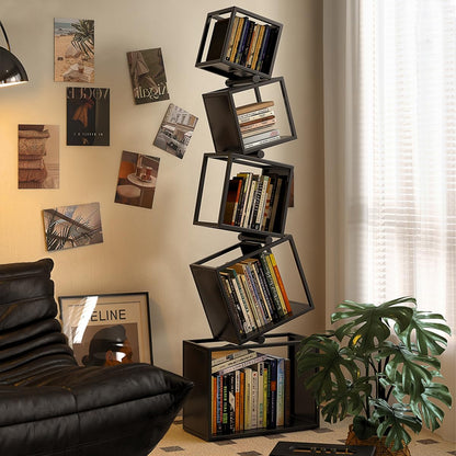 Tall Geometric Bookshelf – Sleek Industrial Metal Display Shelf for Living Room & Bedroom (Black, 72.8")