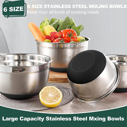 6-Piece Stainless Steel Mixing Bowl Set with Airtight Lids – Non-Slip Nesting Storage Bowls for Mixing & Serving (Sizes: 7, 3.5, 2.5, 2.0, 1.5, 1 QT, Black)